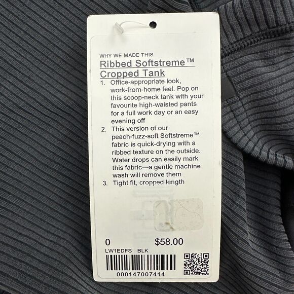 New Lululemon Size 0 Ribbed Softstreme Cropped Tank BLK Black - Picture 6 of 6